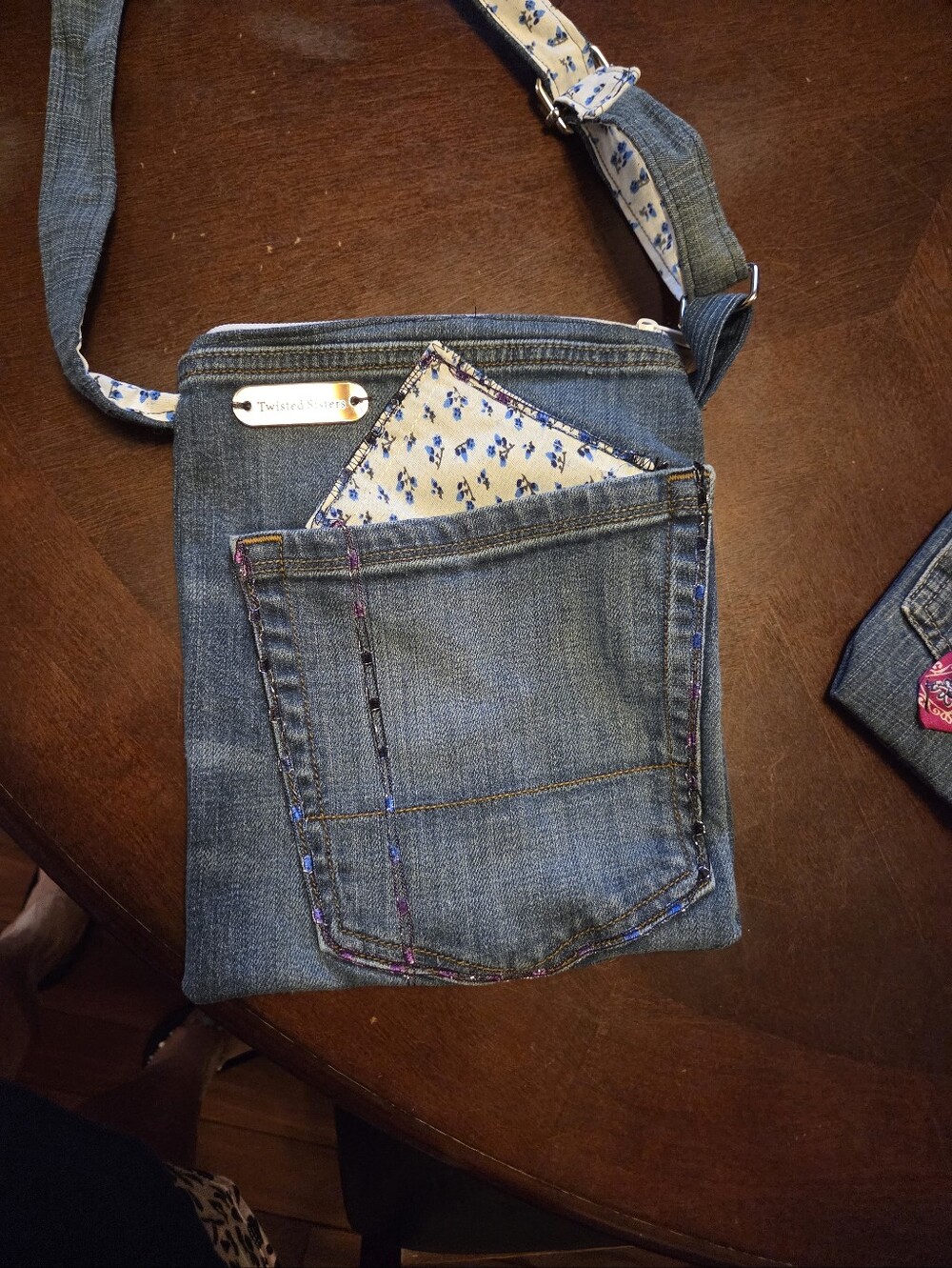 Twisted Sisters Upcycled Denim Crossbody Bag with Blue Floral Trim